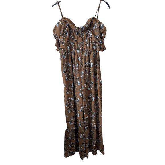 Elliatt Anthropologie Tan Prairie Floral Print Wide Leg Crepe Jumpsuit Size L - Picture 2 of 11